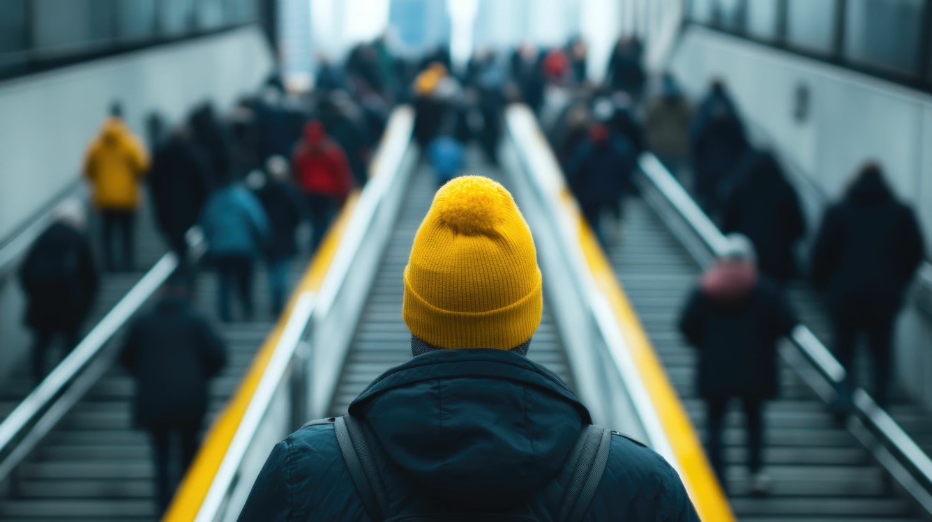 commuters walking up subway